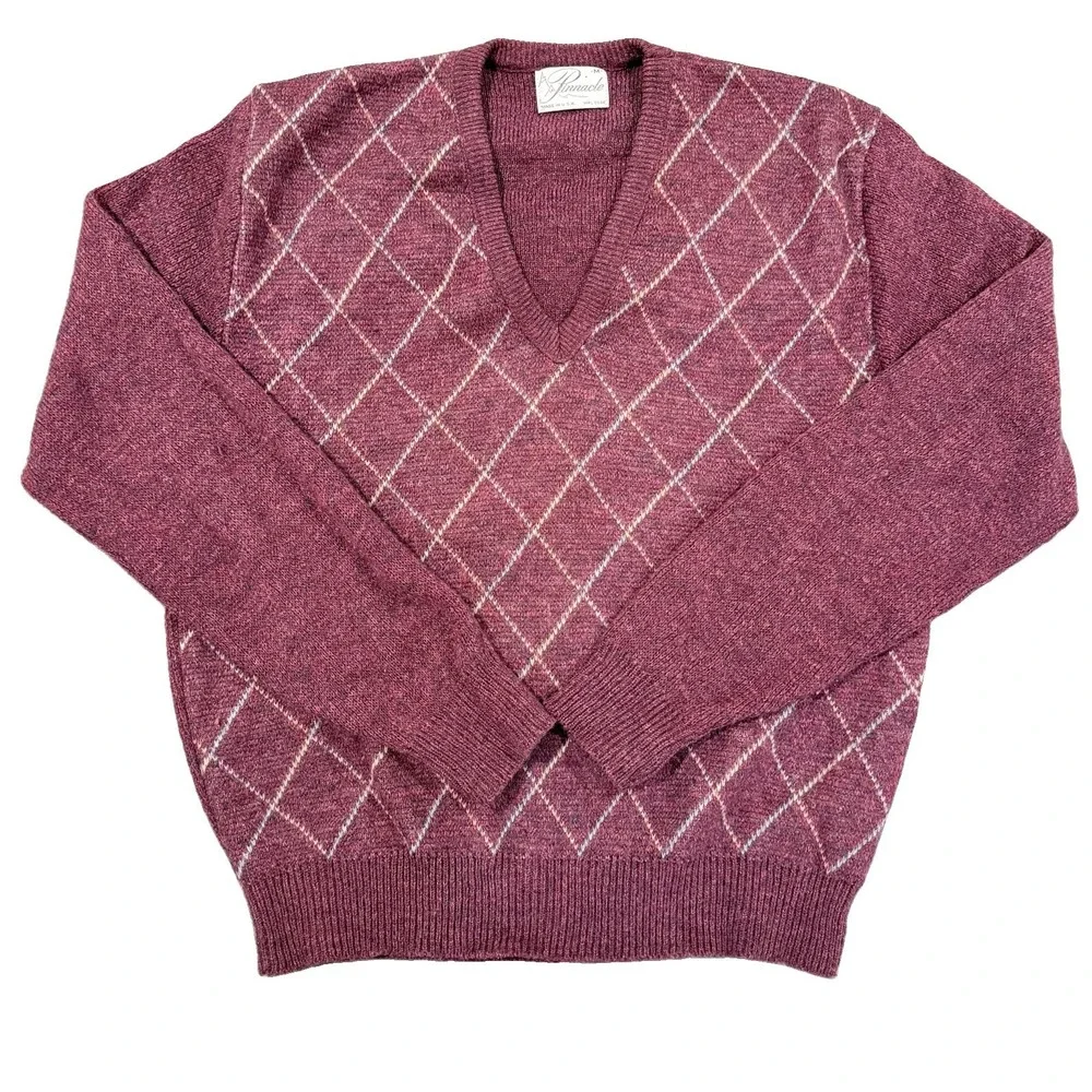 Vintage Pinnacle Mens M Argyle V Neck Sweater Purple Knit Grandpa Core USA Made